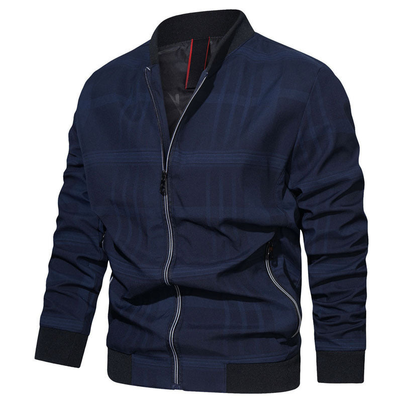 Men's lightweight bomber jacket in minimal check with stand collar, zipper, and elastic cuffs Chichicherry