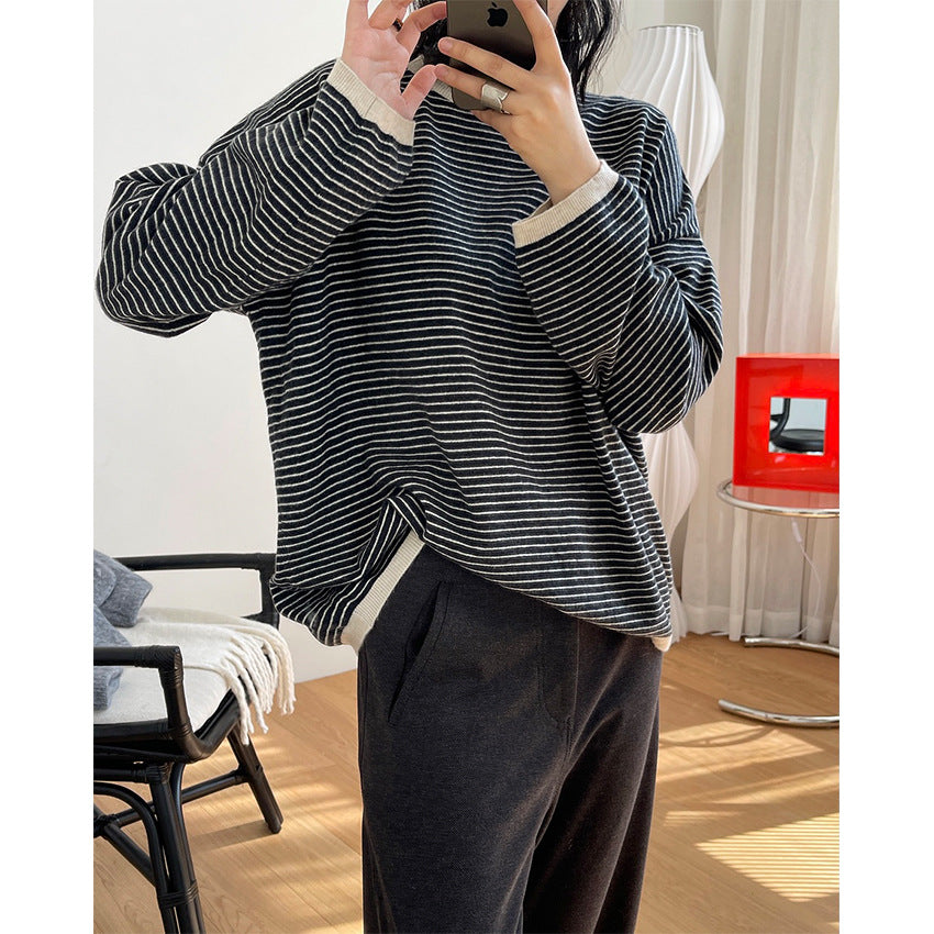 Women's Striped Fine Knit Sweater with Dropped Shoulder and Ribbed Collar Chichicherry