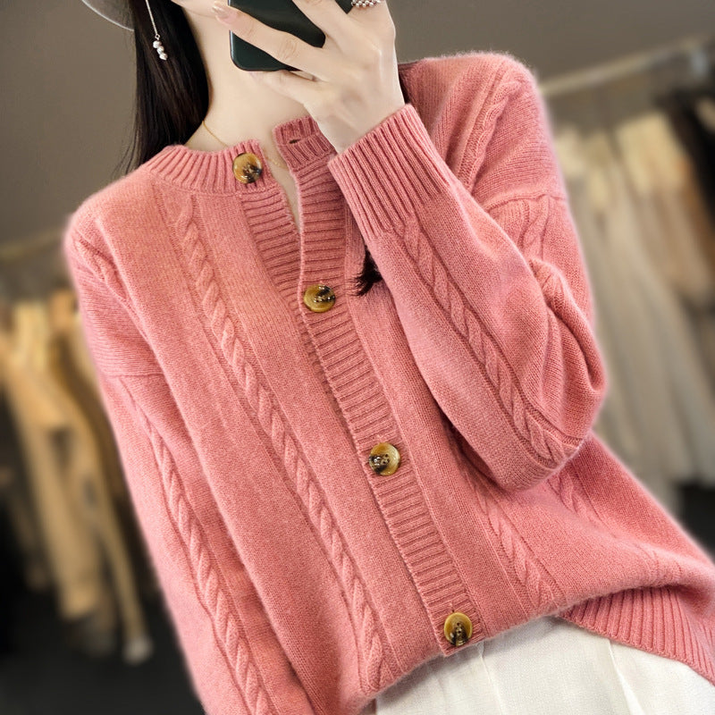 Women's Cashmere-like Cable Knit Cardigan with Round Neck and Horn Look Buttons Chichicherry