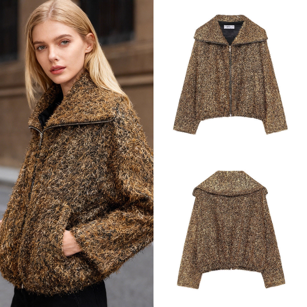 Ladies Glittering Boucle Zip Jacket with Wide Collar and Cropped Boxy Cut Chichicherry