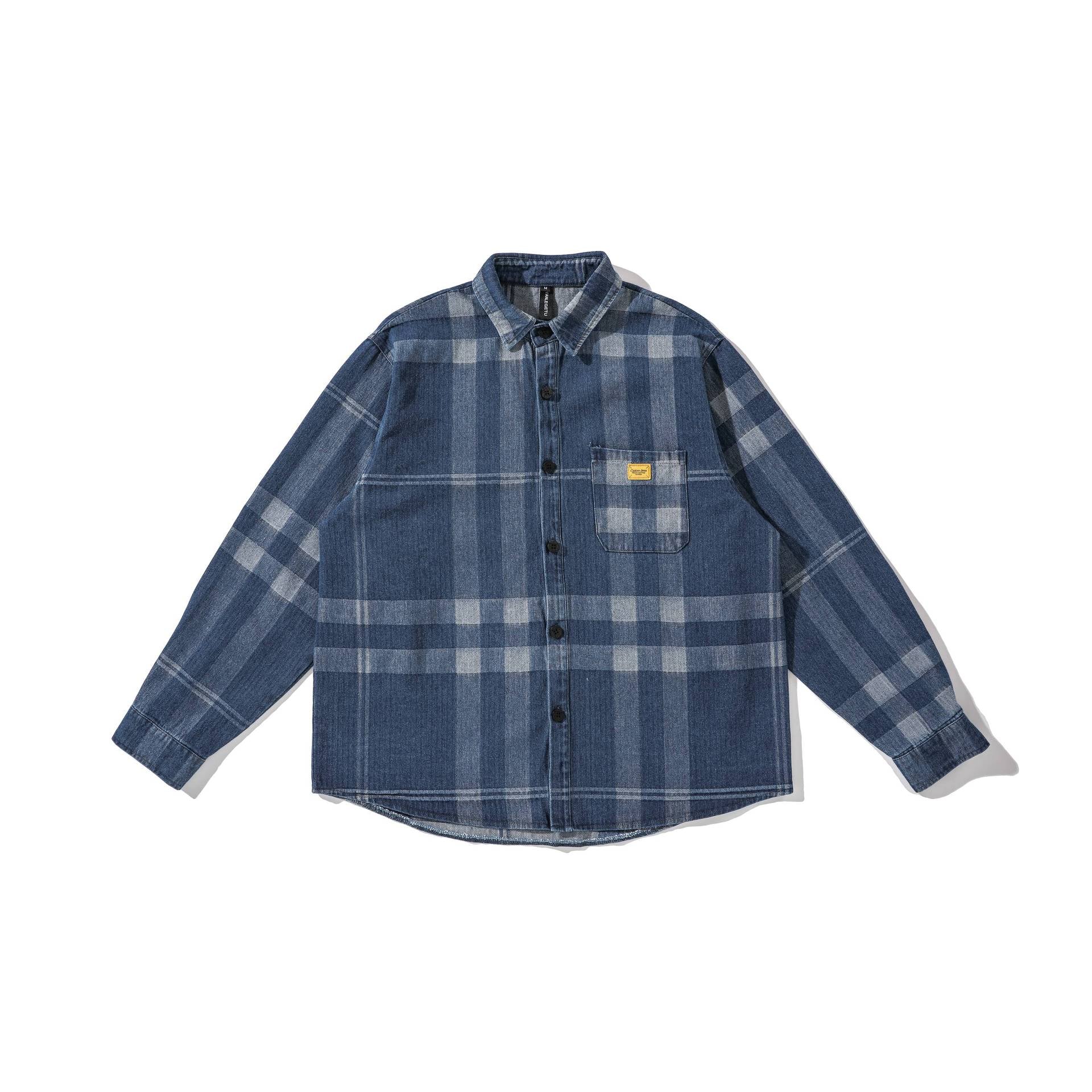 Men's Oversized Checkered Shirt Jacket in Worker Style with Rounded Hem and Chest Pocket Chichicherry