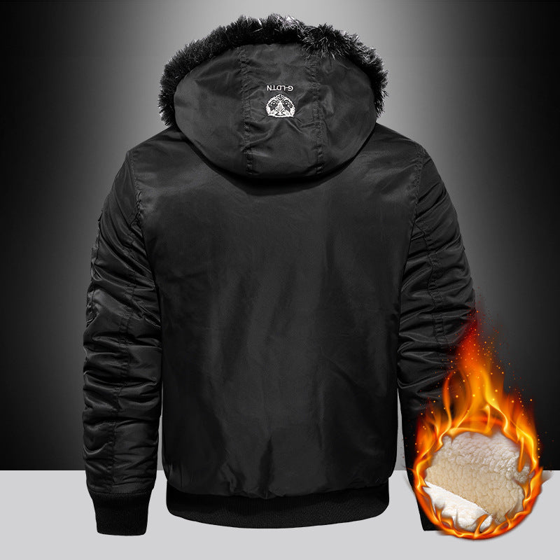 Men's Padded Pilot Bomber with Teddy Fleece Lining, Faux Fur Hood and Utility Pockets Chichicherry