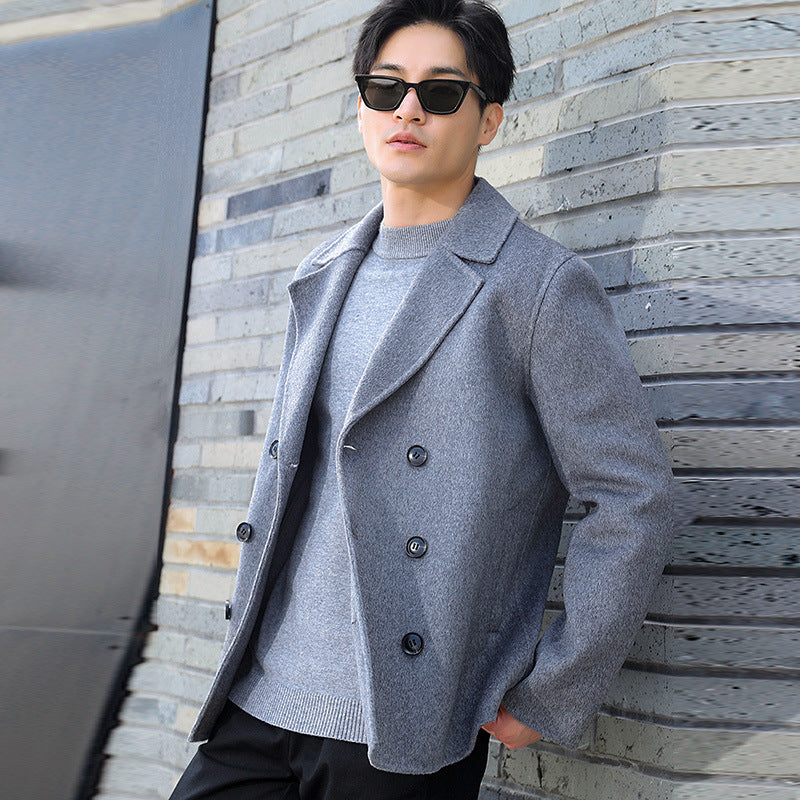 Men's Short Double-Breasted Wool Blend Peacoat with Notch Collar and Thermal Lining Chichicherry