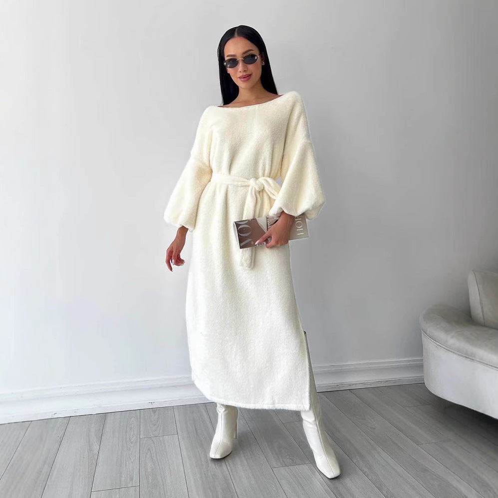 Damen Kuschel-Midikleid mit Bindegürtel und Ballonärmeln Chichicherry