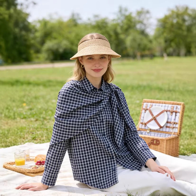 Women Oversize Shirt Blouse with Integrated Shoulder Scarf and Vichy Check Chichicherry