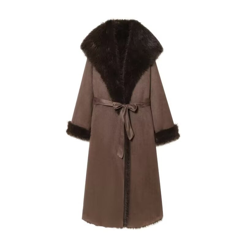 Women's Long Sheepskin Look Coat with Hood, Tie Belt and Faux Fur Trim Chichicherry