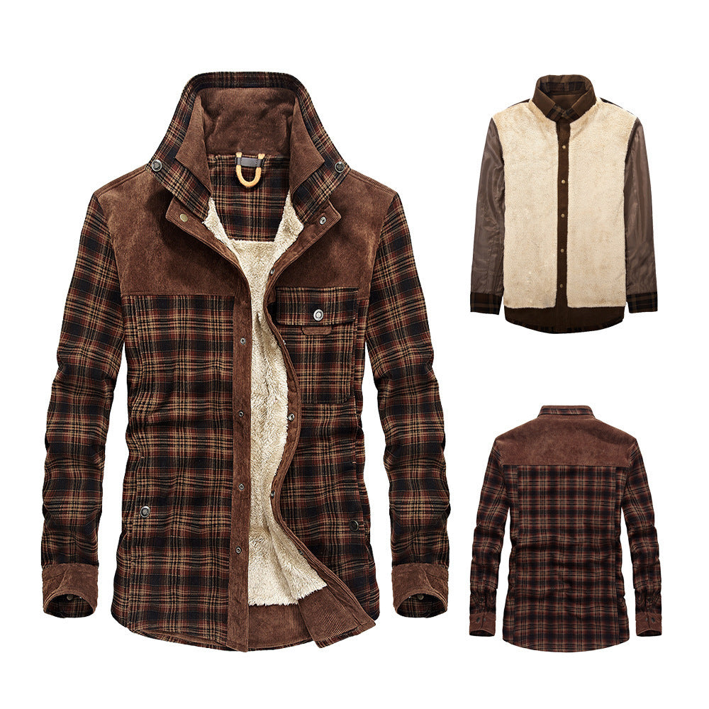 Men's Casual Flannel Field Shirt Jacket with Teddy Lining and Cord Trimming Chichicherry