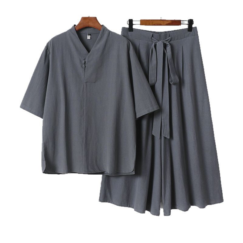 Unisex Two-Piece Kimono Lounge Set with Stand Collar Short Sleeve Top and Loose Tie Waist Pants Chichicherry