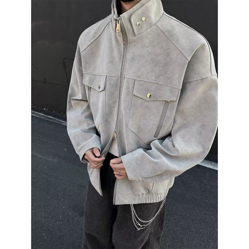 Herren Oversized Wildleder-Optik Utility-Jacke mit hohem Stehkragen Chichicherry