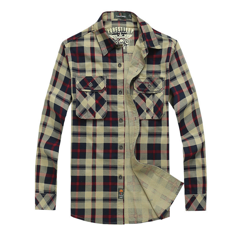 Men's checked overshirt work shirt with flap pockets and full button placket Chichicherry