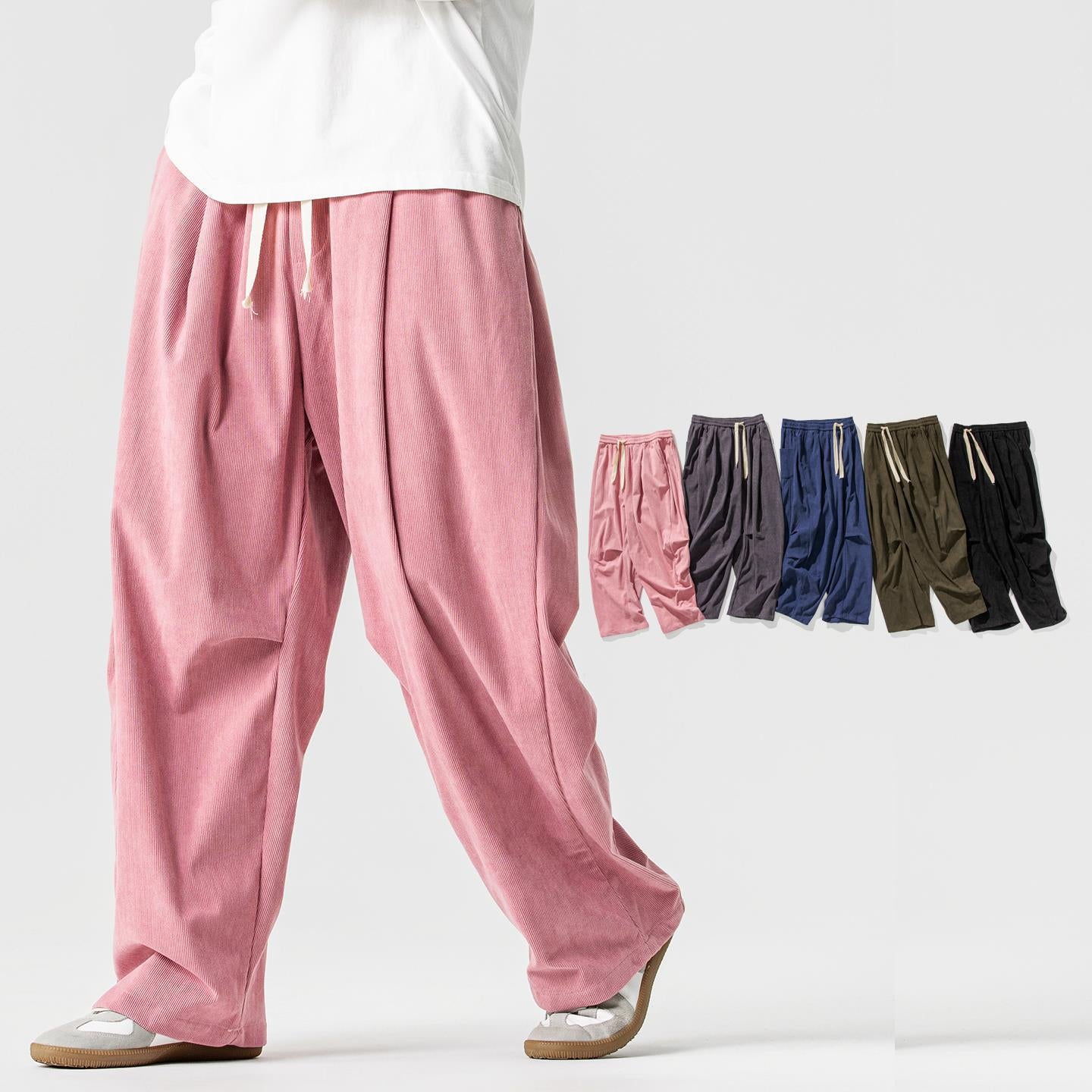 Men's wide-cut corduroy pants with pleats, drawstring, and casual baggy silhouette Chichicherry