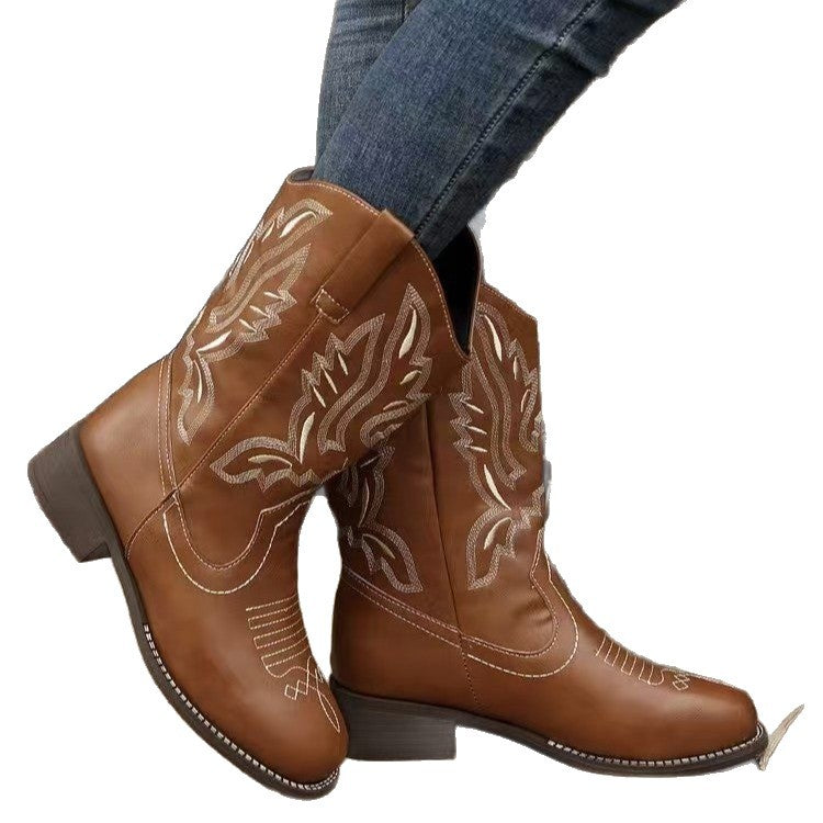 Ladies' Western cowboy boots with pointed toe, embroidered shaft, and medium block heel Chichicherry
