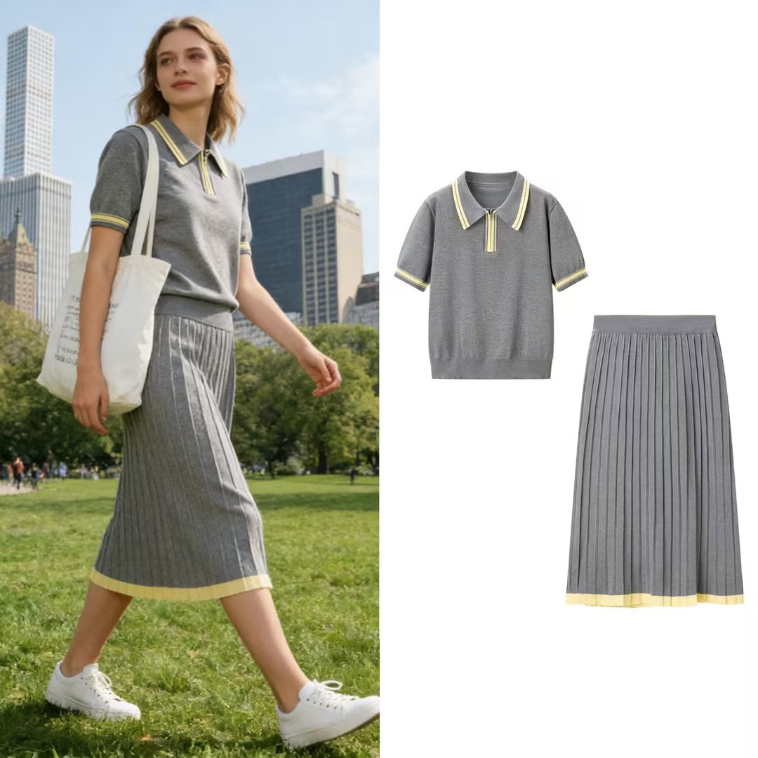 Women's two-piece knitted set with polo shirt and pleated midi skirt Chichicherry