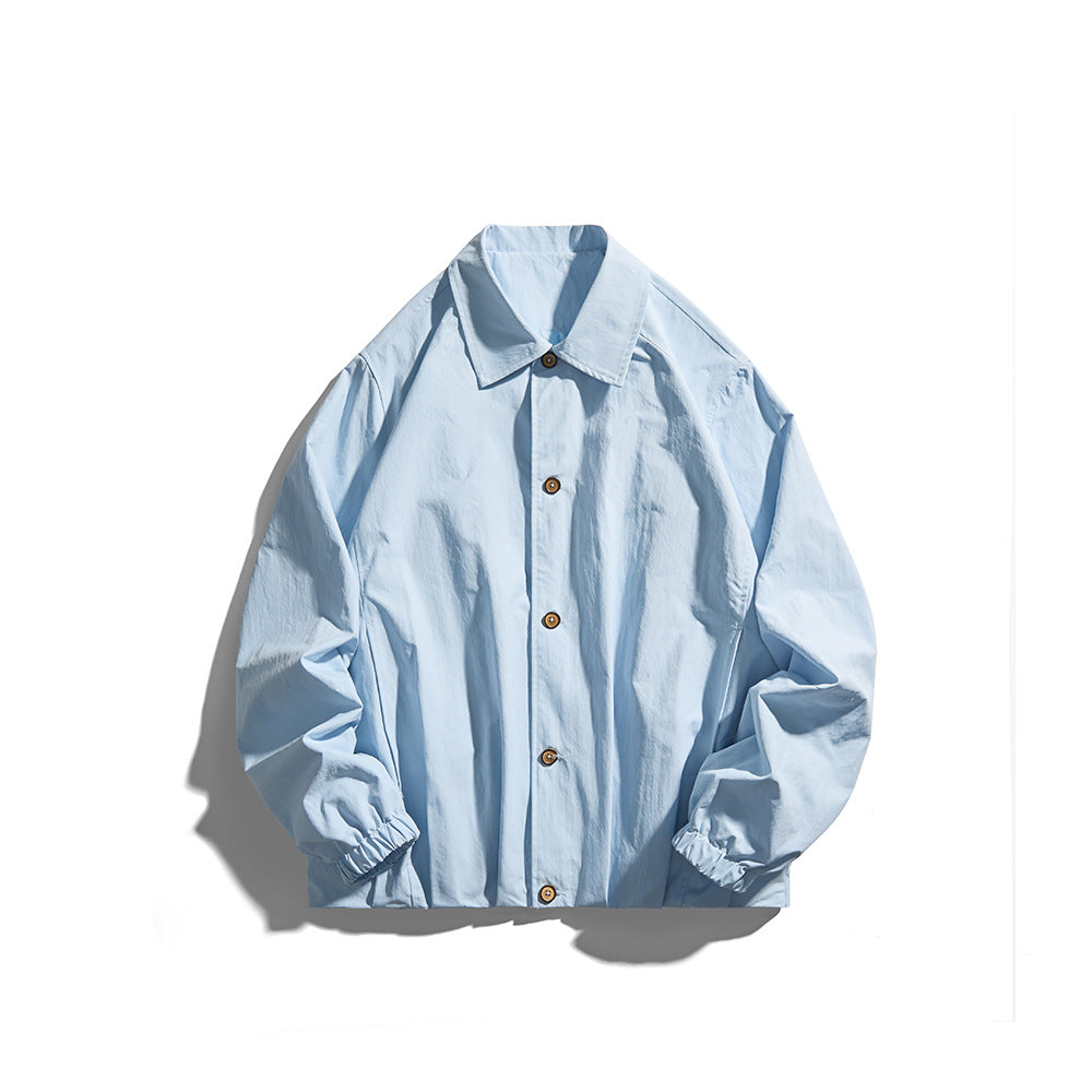 Unisex Lightweight Shirt Jacket in Boxy Cut with Wooden Button Placket and Elastic Cuffs Chichicherry