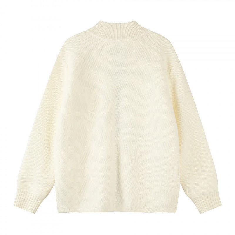 Women Oversized Knit Zip Jacket with Stand-Up Collar and Two-Way Zipper Chichicherry