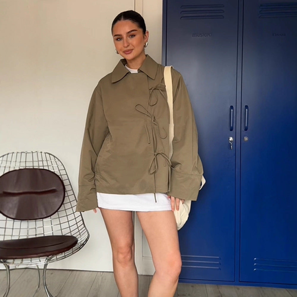 Women's Oversized Shirt Jacket with Decorative Knot Closures and Shirt Collar Chichicherry