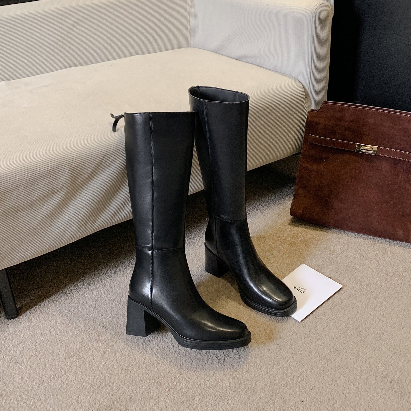 Women's Knee-High Smooth Leather Boots with Sculptural Block Heel and Back Zipper Chichicherry