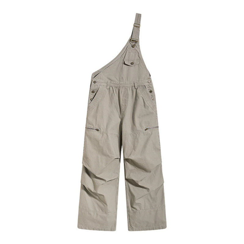 Women's Wide Dungarees with Asymmetric Strap and Multi-Pockets Chichicherry