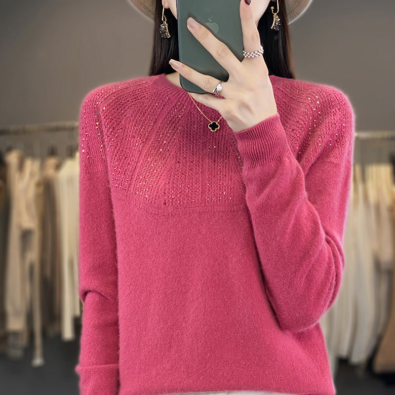 Ladies Soft Cashmere-Look Fine Knit Sweater with Ajour-Yoke and Sequin Trim Chichicherry