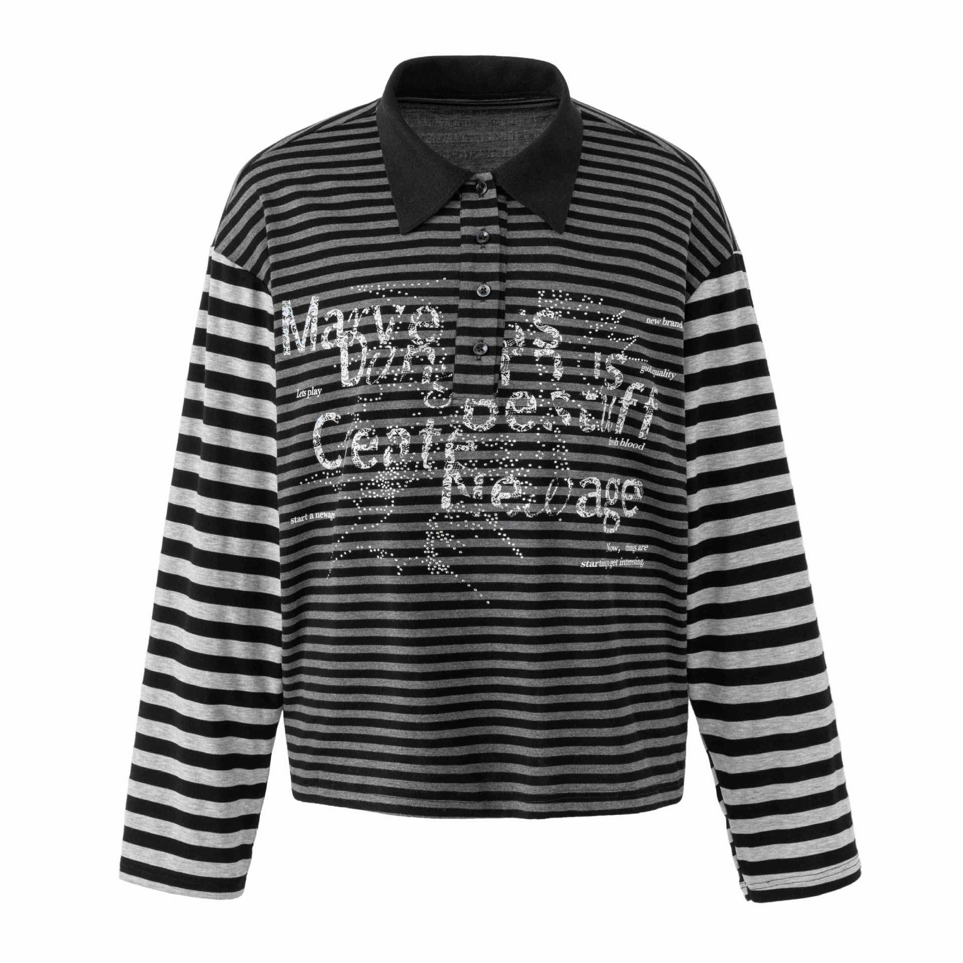 Women's Striped Long Sleeve Polo with Large Kent Collar, Print and Rhinestone Applications Chichicherry
