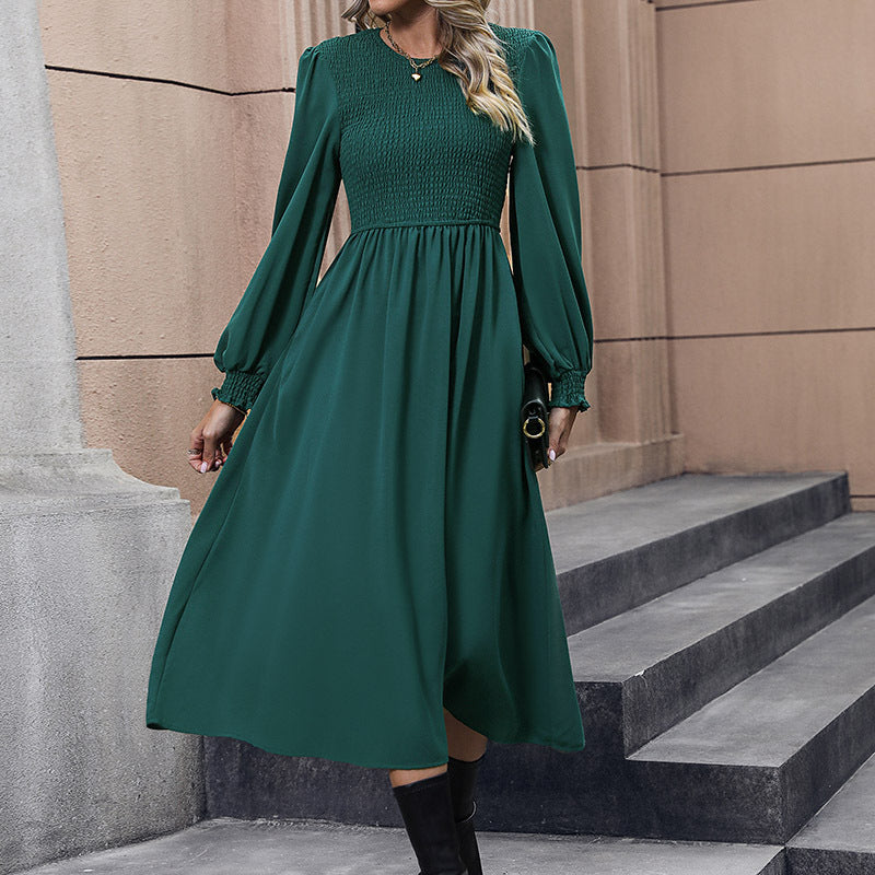 Women's midi dress with smocked bodice, tailored A-line & long balloon sleeves Chichicherry