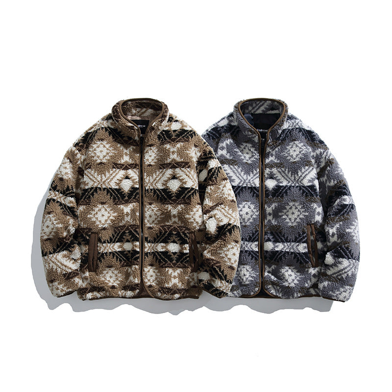 Unisex teddy fleece jacket in tribal pattern with stand-up collar and continuous zipper Chichicherry