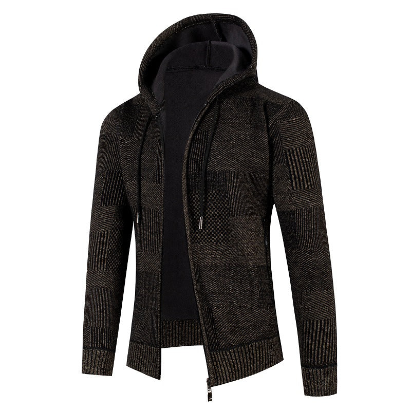 Men's structured knit zip hoodie with lined hood and graphic patch pattern Chichicherry