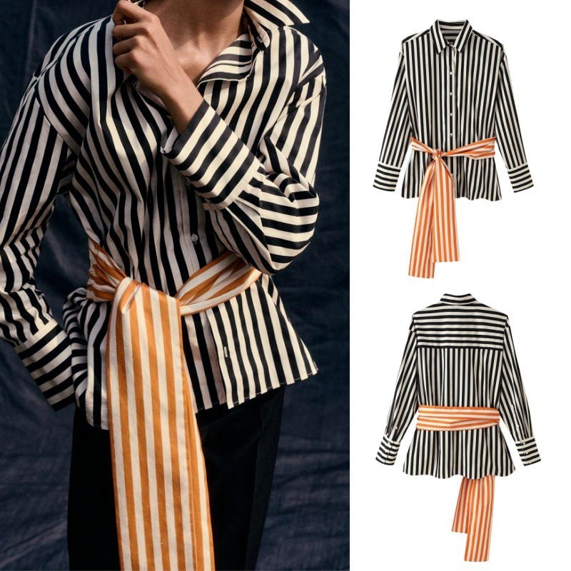 Women's Striped Shirt Blouse with Long Sleeves and Contrasting Waist Belt Chichicherry