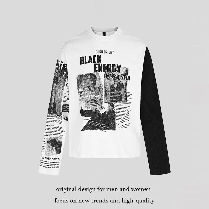 Men's Long Sleeve Shirt with Asymmetrical Contrast Sleeves and Photo Collage Print Chichicherry