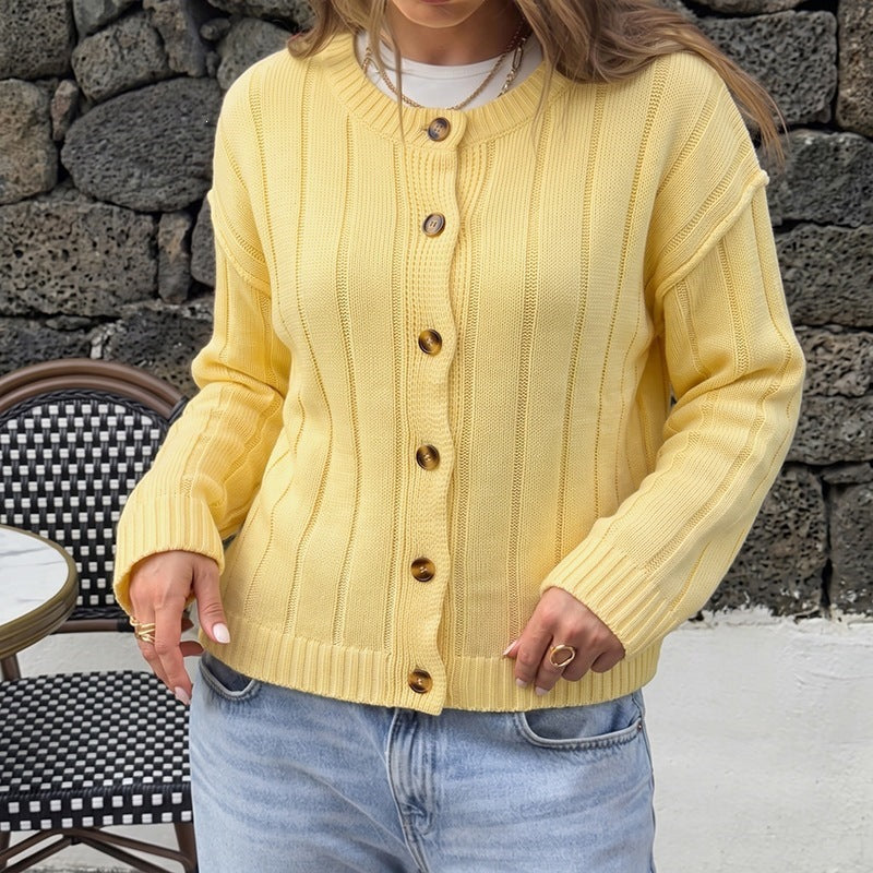 Women's Lightweight Ribbed Knit Cardigan with Wooden Buttons and Oversized Silhouette Chichicherry