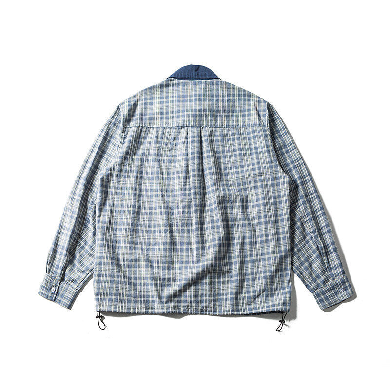 Men's Lightweight Checked Shirt Jacket with Contrast Collar, Full Zip and Hem Drawstring
