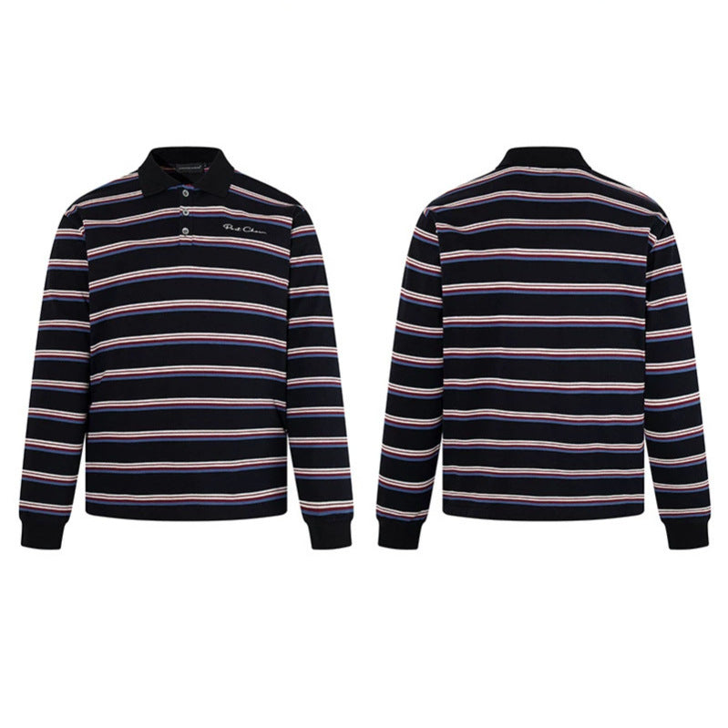 Men's Long Sleeve Polo Shirt with Retro Stripes, Ribbed Cuffs and Button Placket Chichicherry