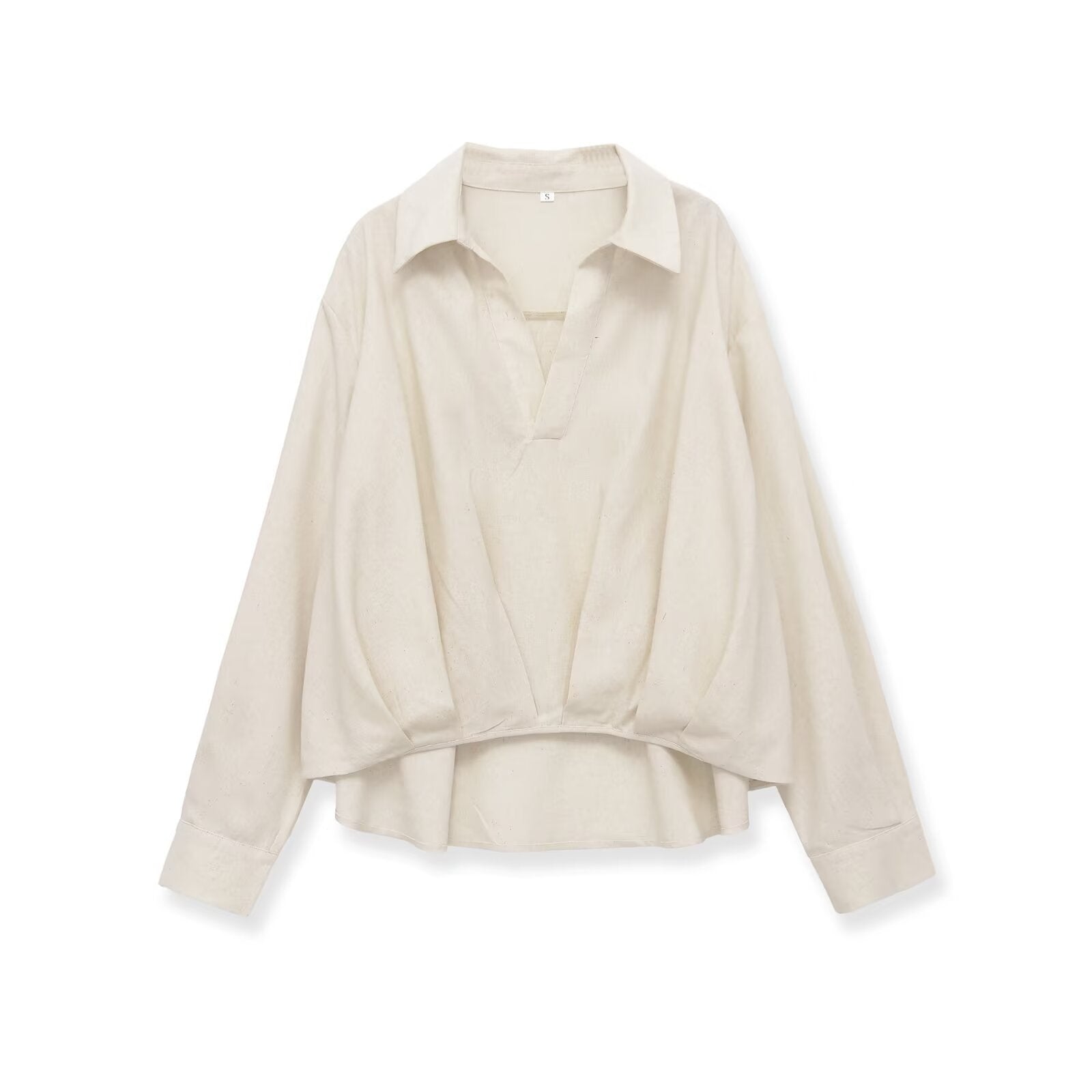 Women's Oversized Linen Blouse with Open V-Neck and Gathered Hem Chichicherry