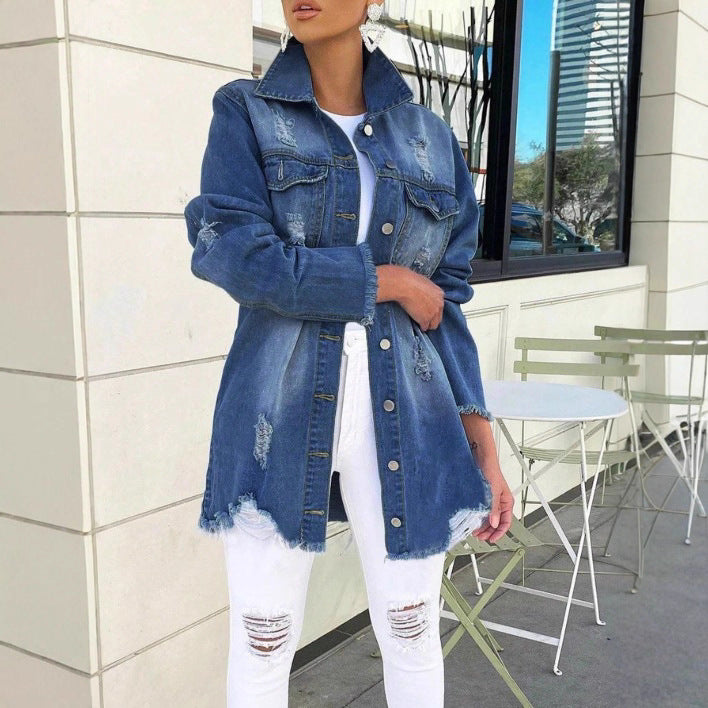 Women's Oversized Denim Jacket with Destroyed Details, Fringed Hem and Concealed Button Placket Chichicherry