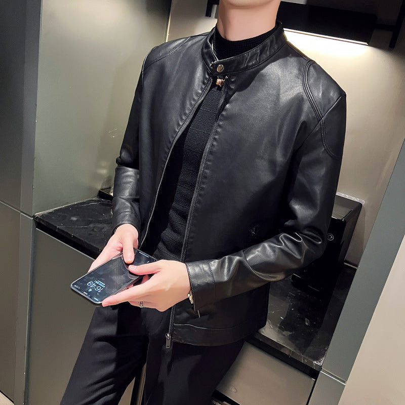 Men's slim faux leather blouson motorcycle-inspired design with short stand-up collar and concealed zipper Chichicherry