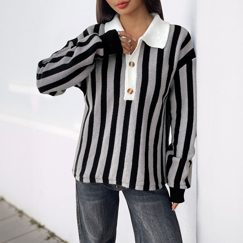 Women Casual Striped Knit Polo Collar Sweater with Contrasted Button Placket Chichicherry
