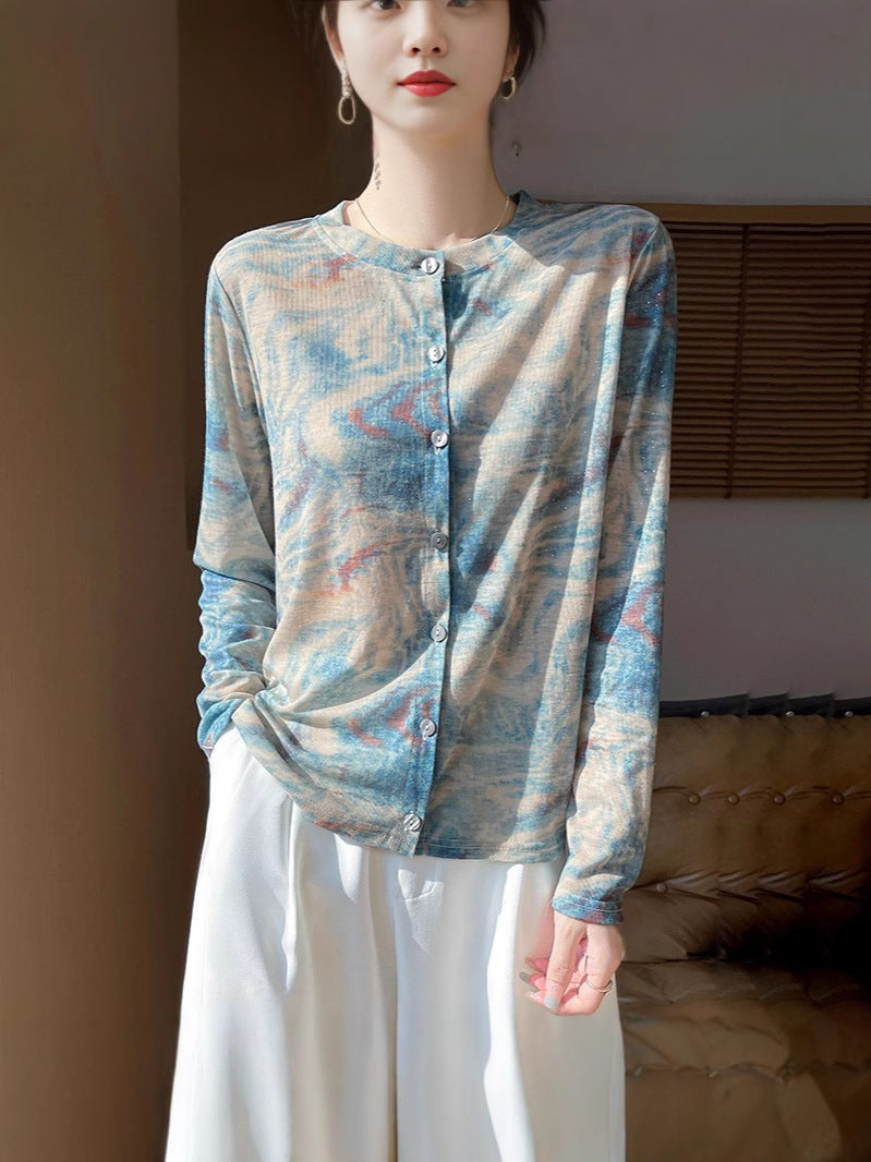 Women's Lightweight Watercolor Print Fine Knit Cardigan with Round Neckline and Button Placket Chichicherry