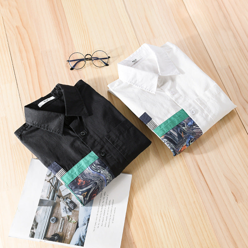Men's Casual Shirt with Artistic Print Panels and Sewn-On Chest Pocket Chichicherry