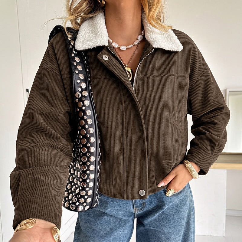 Women Short Cut Cord Jacket with Teddy Lining and Sheep Collar Chichicherry