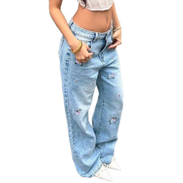 Ladies wide-cut high-waisted denim jeans with floral embroidery and destroyed details Chichicherry