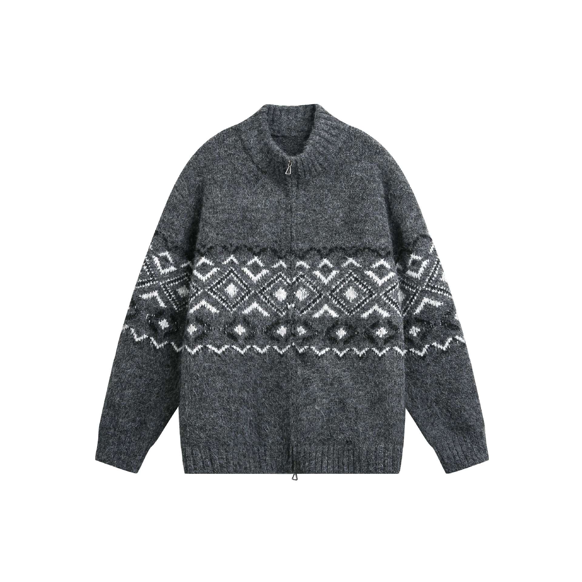 Women's chunky knit zip jacket with Norwegian pattern and high ribbed collar Chichicherry