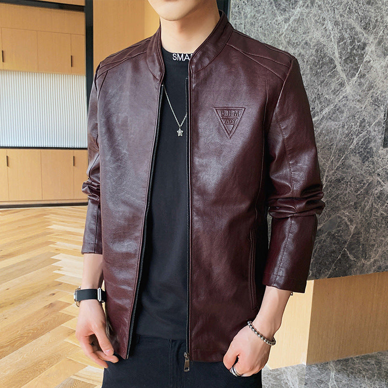 Men's Slim-Fit Faux Leather Moto Jacket with Stand Collar, Zipper Sleeves, and Minimalist Logo Application Chichicherry