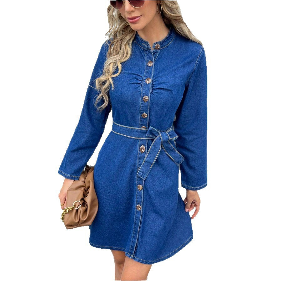 Women's Tailored Denim Dress with Button Placket and Tie Belt Chichicherry