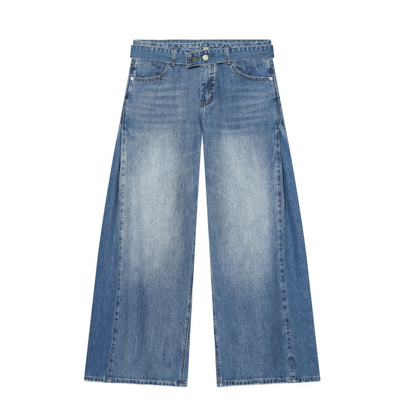 Women Wide Denim Pants with Side Pleat Inserts, High Waist and Waist Belt Chichicherry