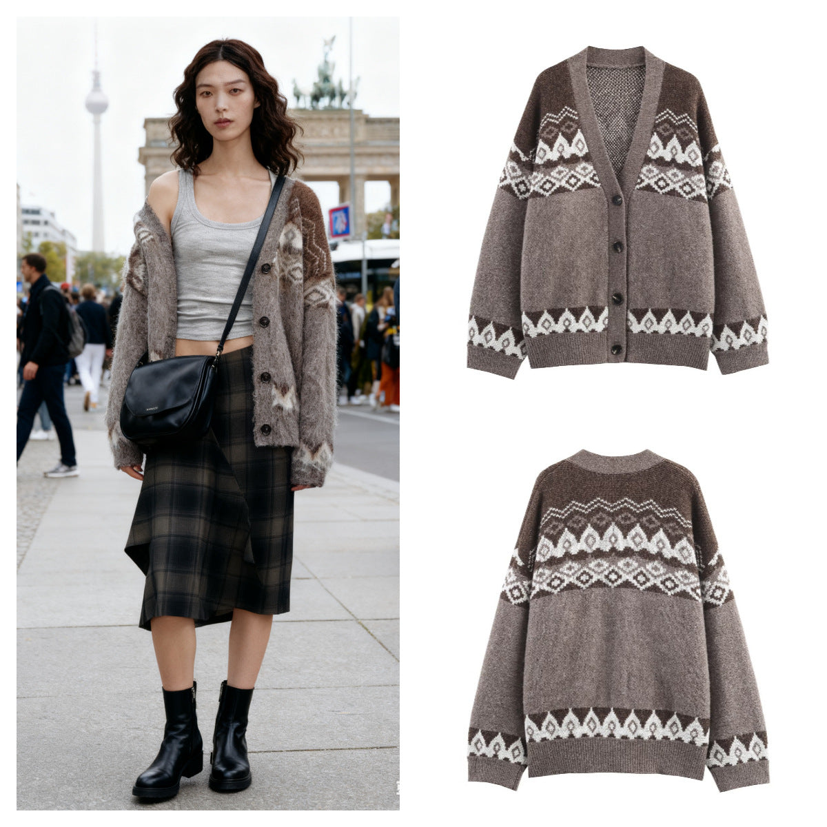 Women's Oversized Knit Cardigan with Jacquard Pattern and V-Neck Chichicherry