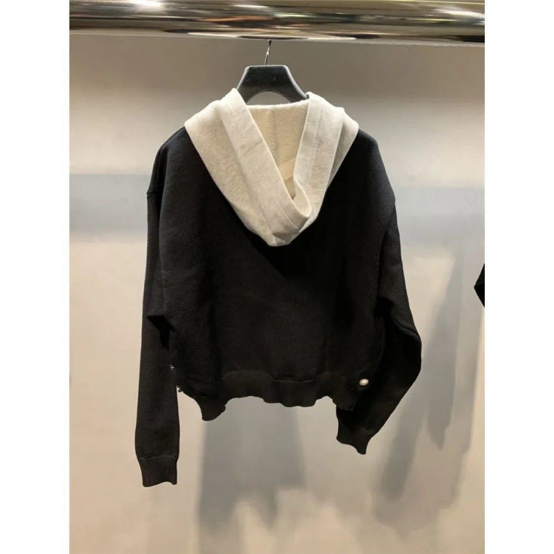 Unisex Grobgestricktes Lagenlook-Sweatshirt mit Kontrastkapuze und Kängurutasche Chichicherry