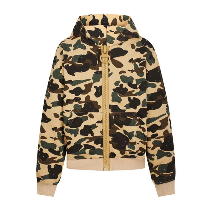 Ladies' hooded jacket in camouflage print with a full-length zipper, kangaroo pocket, and ribbed cuffs.