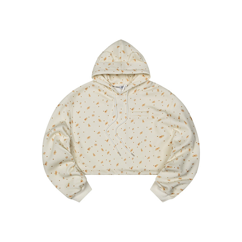 Women's Cropped Hoodie Sweatshirt with Allover Floral Print, Chest Pocket and Ruffled Hem Chichicherry