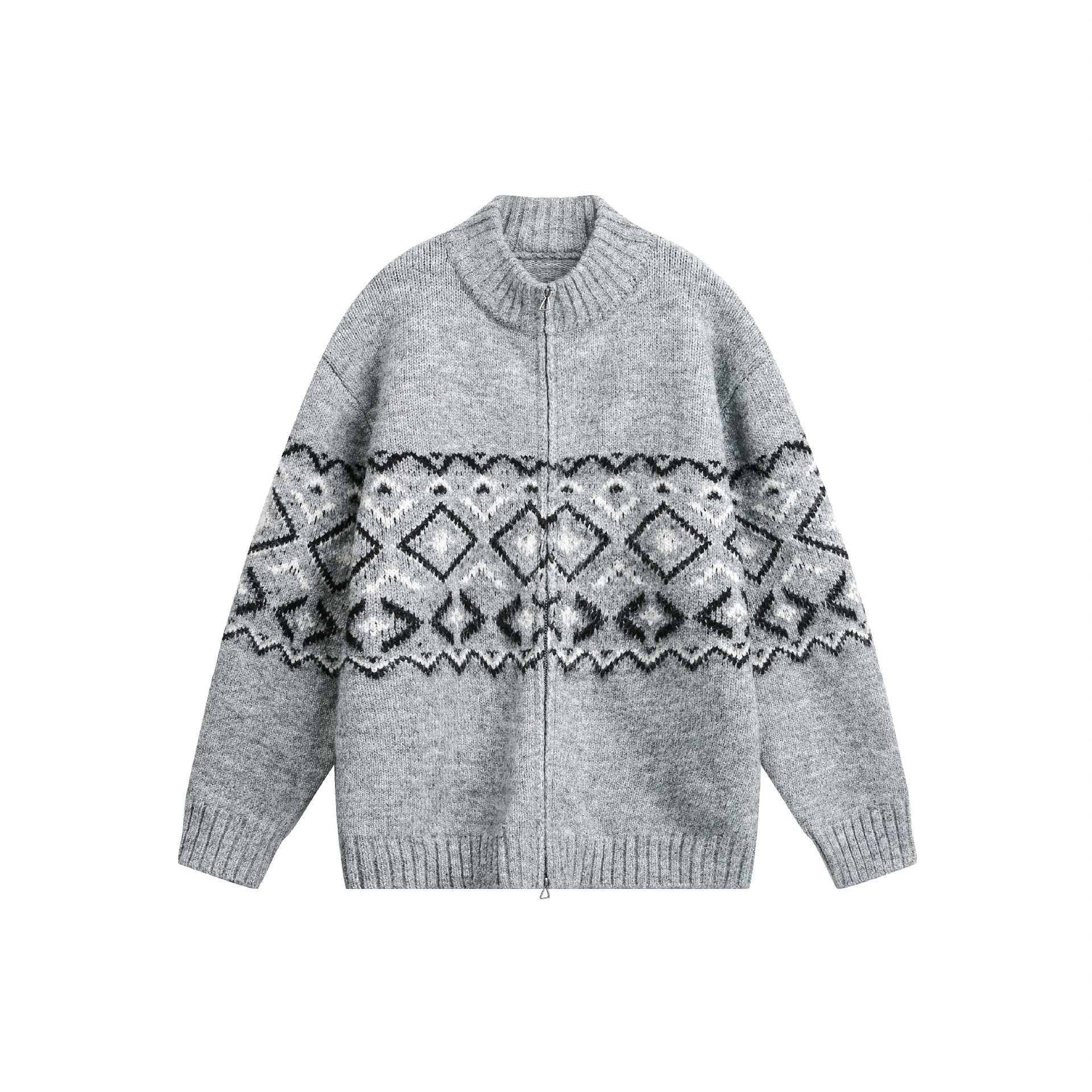Women's chunky knit zip jacket with Norwegian pattern and high ribbed collar Chichicherry