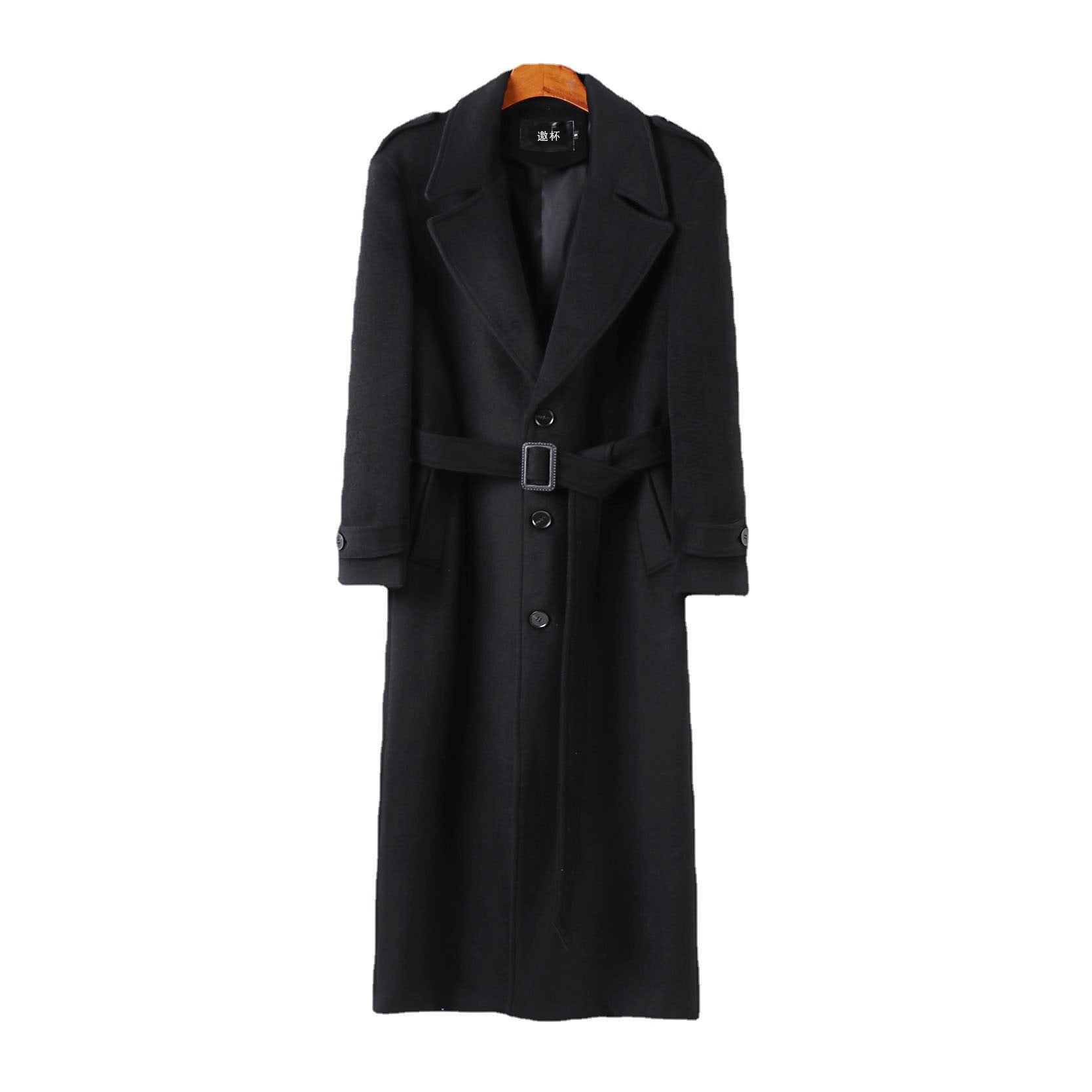 Men's Floor-Length Single-Breasted Wool Blend Coat with Distinctive Lapels and Shoulder Straps Chichicherry